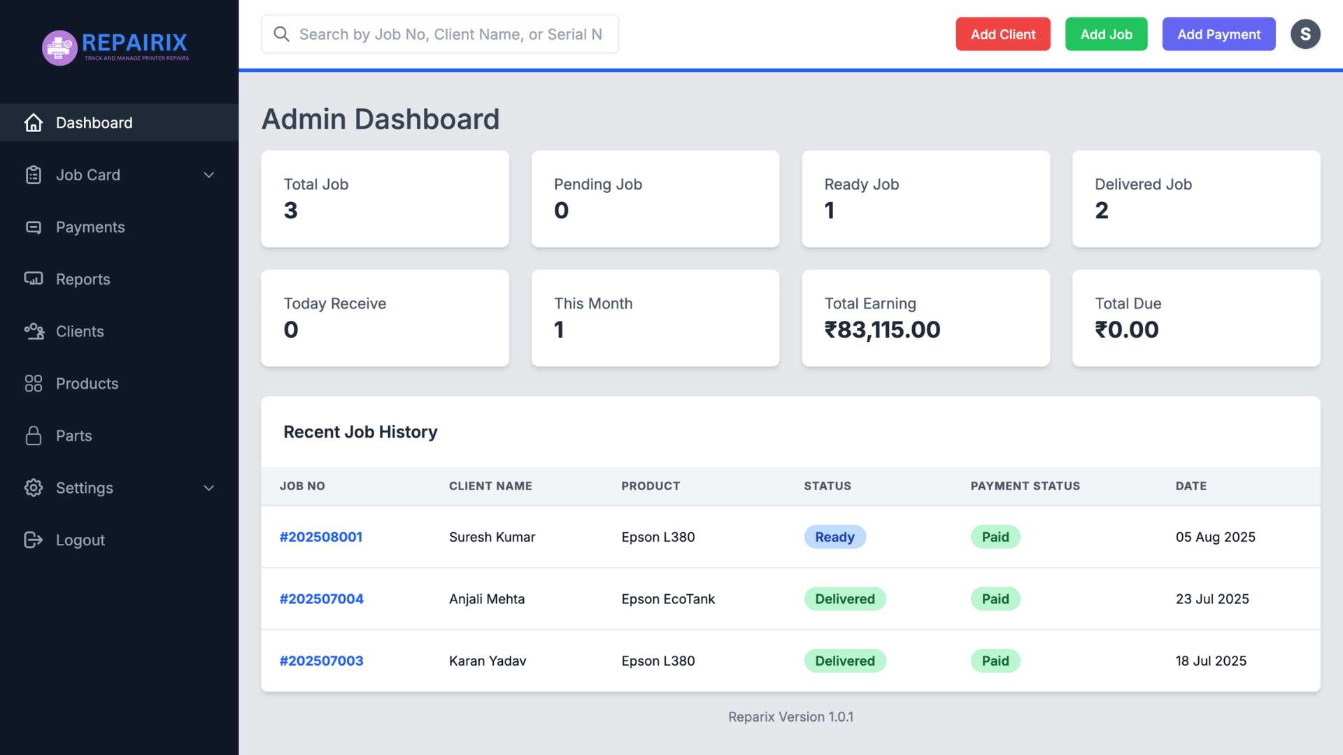 Repairix dashboard preview
